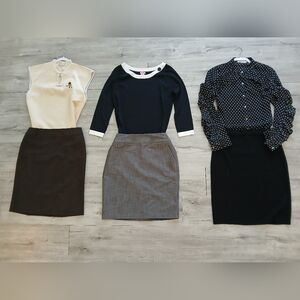 Lot X 6 Office Work Pencil Skirts Blouses Button Up Shirt Knit Top Bundle Set
